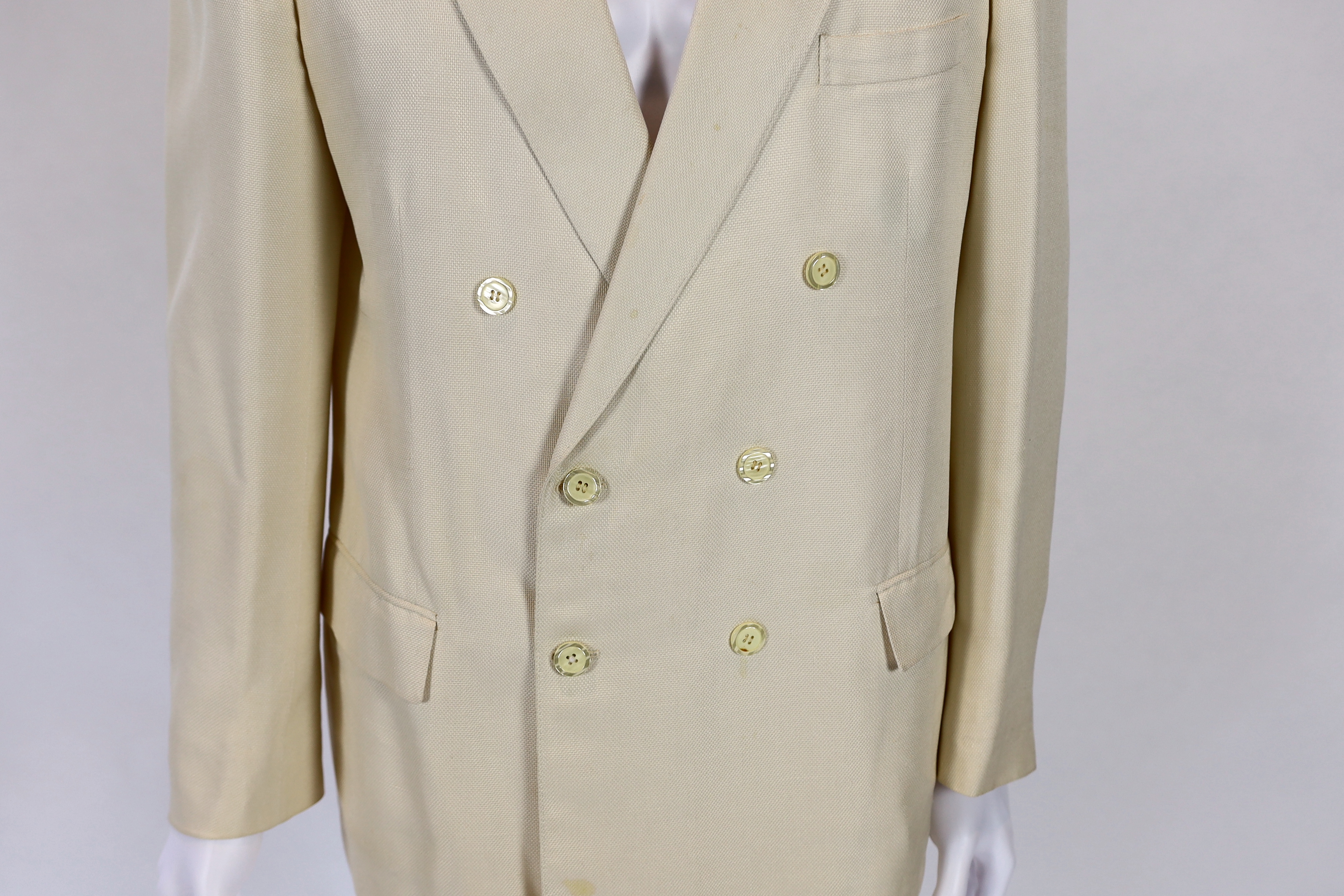 A Saint Laurent rive gauche gentlemen's cream silk weave double breasted dinner jacket, approx size 42